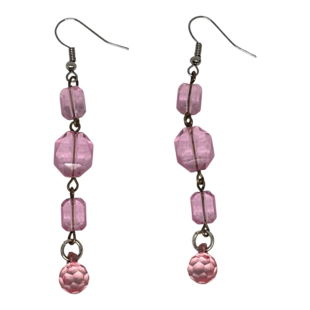 Pink Beaded Dangle Earrings With Faceted Acrylic Beads & Vintage Brass Hardware